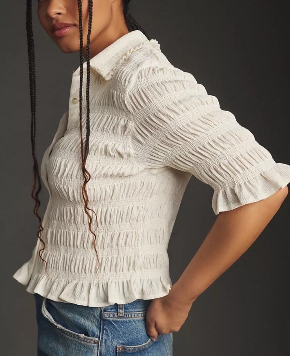 MAEVE By Anthropologie Smocked Button-Front Top Women's Size M Ivory NWOT